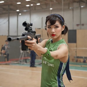 A asian female, short hair, air gun shooting competition competitor, gun, aiming at viewer, holding gun, Olympic indoor shooting competition venue with multiple spectators in the background, wearing earmuffs and (goggles), attractive, flirting, (looking away), Wearing national team sportswear, portrait, photography, detailed skin, realistic, photo-realistic, 8k, highly detailed, full length frame, High detail RAW color art, diffused soft lighting, sharp focus, hyperrealism, change to glasses.