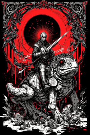 A detailed, black and white illustration of a medieval knight in armor riding the giant frog. The figure is seated, holding a sword, surrounded by intricate, A dark red Art Nouveau style frame surrounds the central image, with organic, curving lines. Behind the figure is a glowing dark-red circular backdrop with occult symbols, creating a halo effect. The overall style is highly detailed pen and ink drawing with stippling and fine linework. Dark background with high contrast. Themes of nature, mysticism, and tribal spirituality are prominent. Hyper-detailed, 8K resolution, ornate illustration style