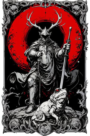 A detailed, black and white illustration of a medieval knight in armor riding the giant frog. The figure is seated, holding a sword, helmet with horns. surrounded by intricate, A dark red Art Nouveau style frame surrounds the central image, with organic, curving lines. Behind the figure is a glowing dark-red circular backdrop with occult symbols, creating a halo effect. The overall style is highly detailed pen and ink drawing with stippling and fine linework. Dark background with high contrast. Themes of mysticism, and tribal spirituality are prominent. detailed, 8K resolution, ornate illustration style