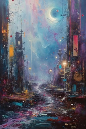 The sooty sky is crying. Where has the kindness of the people gone? But I like this city. If I have a woman I can rely on, I'm happy to live with you like this. It's not painful, and with you I can walk through this futuristic desert without feeling sad. cyberpunk landscape painted with acrylic oil paints. The texture, reminiscent of palette knife work, seamlessly blends the unique styles of Simon Bisley, Genshin, and Chiho Aoshima.,visionary art style