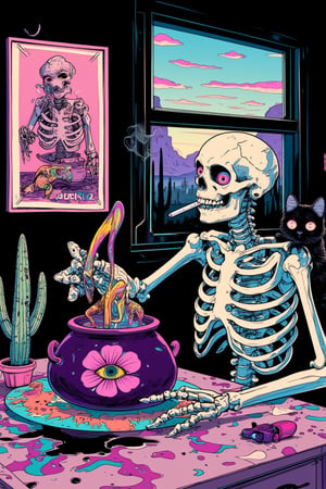 

flat image, bicolor , dual tone, , t shirt, design, flat colors, black simple background . A whimsical and surreal illustration featuring a skeleton smoking a cigarette, sitting in a quirky kitchen setting. The skeleton is stirring a purple cauldron with a flower design that has an eye at its center, from which a colorful fish is emerging. On the wall, a framed picture of another skeleton holding a fish is displayed, with a desert landscape in the background. The kitchen table has a spilled black liquid, a multicolored rainbow lizard, a cactus in a pot, and a black cat with mismatched eyes peeking into the scene. Outside the window, a surreal sunset over the mountains can be seen, with fluffy egg-shaped clouds. The artwork is filled with psychedelic colors, playful objects, and a dream-like vibe that blends the ordinary with the fantastical