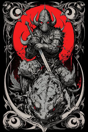 A detailed, black and white illustration of a medieval knight in armor riding the giant frog. The figure is seated, holding a sword, helmet with horns. surrounded by intricate, A dark red Art Nouveau style frame surrounds the central image, with organic, curving lines. Behind the figure is a glowing dark-red circular backdrop with occult symbols, creating a halo effect. The overall style is highly detailed pen and ink drawing with stippling and fine linework. Dark background with high contrast. Themes of mysticism, and tribal spirituality are prominent. detailed, 8K resolution, ornate illustration style