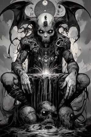 (masterpiece, high quality, 8K resolution, close shot). 
An extremely detailed dark art abstract illustration, gallery neo art, mystical occult symbols. black and gray color pallet , isometric. dark shaman sitting in loots pose with multiple spirits connected to him