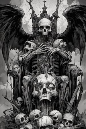 (masterpiece, high quality, 8K resolution, close shot). 
An extremely detailed dark art illustration, gallery neo art, mystical occult symbols. black and gray color pallet , isometric , death on the throne made of bones and skulls,angels crying