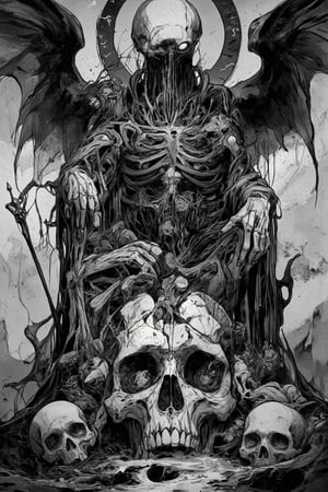 (masterpiece, high quality, 8K resolution, close shot). 
An extremely detailed dark art illustration, gallery neo art, mystical occult symbols. black and gray color pallet , isometric , death on the throne made of bones and skulls,angels crying