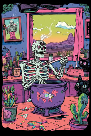 

flat image, bicolor , dual tone, , t shirt, design, flat colors, black simple background . A whimsical and surreal illustration featuring a skeleton smoking a cigarette, sitting in a quirky kitchen setting. The skeleton is stirring a purple cauldron with a flower design that has an eye at its center, from which a colorful fish is emerging. On the wall, a framed picture of another skeleton holding a fish is displayed, with a desert landscape in the background. The kitchen table has a spilled black liquid, a multicolored rainbow lizard, a cactus in a pot, and a black cat with mismatched eyes peeking into the scene. Outside the window, a surreal sunset over the mountains can be seen, with fluffy egg-shaped clouds. The artwork is filled with psychedelic colors, playful objects, and a dream-like vibe that blends the ordinary with the fantastical