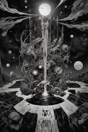 (masterpiece, high quality, 8K resolution, close shot). 
An extremely detailed dark art abstract illustration, gallery neo art, mystical geometry symbols. black and gray color pallet , isometric , end of the universe