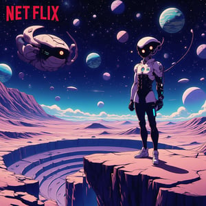 
"Netflix" poster. An extraterrestrial creature stands at the edge of a crater, gazing at the starry sky, different from ours. Its silhouette is illuminated by the strange light from the planet it has landed on.   The style is surreal anime, with incredible attention to detail and an atmosphere reminiscent of a futuristic dystopia