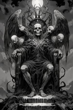 (masterpiece, high quality, 8K resolution, close shot). 
An extremely detailed dark art illustration, gallery neo art, mystical occult symbols. black and gray color pallet , isometric , death on the throne,angels crying