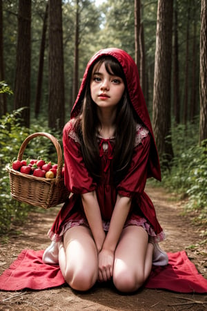 Beautiful girl dressed as Little Red Riding Hood, she is in the forest with her red dress, in her hands she has a basket with fruits, she is on her knees collecting fruits from the ground, behind her is the big bad wolf, young, brown-hair, light eyes,kneeling