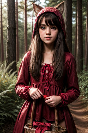 Beautiful girl dressed as Little Red Riding Hood, she is in the forest with her red dress, in her hands she has a basket with fruit, behind her is the big bad wolf, young, brown-hair, light eyes