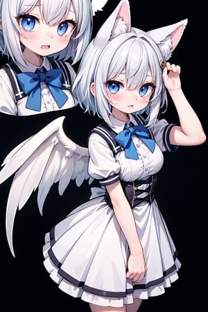 little furry, crying_with_eyes_open, blueeyes, full_body, wide_hip , multiple_views , furry costume, , white, wings, young face,submissive pose,