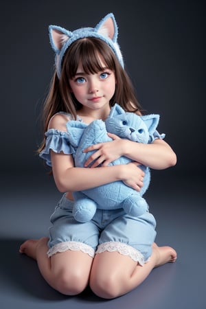 crying with eyes open, cat costume, blue eyes, full body,  lace shorts ,masterpiece portrait, Hyperrealistic, stunning beauty, high detail, cinematic photo Medium format photography, Anime tween girl digital artwork, A tween girl , looking at the camera, she has freckles, blue eyes, reverse suspended congress,eager pet pose, he is hugging a teddy cat, kneeling,chibi, pink