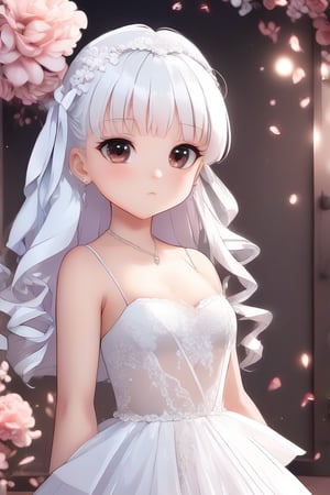 masterpiece,((best quality, 8k, ultra-detailed)),perfect anatomy, ,kanna kamui,(12yo girl :1.4) ,(solo:1.4),(flat chest:1.4),pretty face,Simple back ground,full body shot,(wedding dress:1.4),expose navel