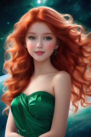 A captivating scene! Here's a prompt:

A young white girl with vibrant, wavy red hair cascading down her back poses elegantly against a breathtaking celestial backdrop. Her piercing gray eyes seem to gaze directly at Saturn, its rings gleaming like diamonds against a deep shade of green sky. The atmosphere is serene, with a subtle glow illuminating the subject's features.