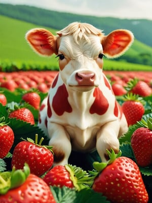 a strawberry themed cute cow sitting in a field of strawberries