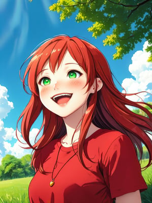 1girl, solo, long hair, smile, brown hair, shirt, hair ornament, green eyes, upper body, red hair, outdoors, sky, day, cloud, tree, blue sky, profile, grass, looking up, wind, red shirt