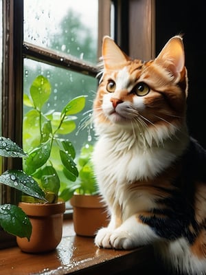 calico cat, looking-out-of-the-window pose, delicate raindrops on windowpane, soft watercolour style, cozy warm-home interior, muted pastel palette, cat's curious expression, gentle natural light, blurred background, John Singer Sargent, Beatrix Potter inspired, few books on windowsill, ceramic cat figurine, lush greenery outside rainy window, subtle watercolour texture, warm-toned wooden window frame