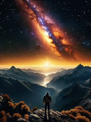 award-winning 4K ultra HD, cinematic 21:9 aspect ratio, breathtaking vast cosmic sky, silhouette of a lone determined man, colossal Earth from orbit, vibrant contrasting colors, ethereal misty atmosphere, detailed majestic astronomy, NASA-inspired, glow-in-dark stars, celestial lights, scenic mountains, misty clouds, sense of existentialism, expansive universe, golden hour warmth, incredible depth of field, tasteful lens flares, low-key dramatic lighting, elegant curves, strong emotional connection, endless horizon