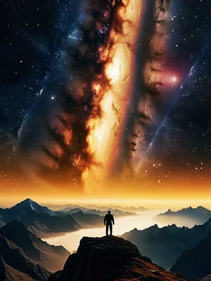 award-winning 4K ultra HD, cinematic 21:9 aspect ratio, breathtaking vast cosmic sky, silhouette of a lone determined man, colossal Earth from orbit, vibrant contrasting colors, ethereal misty atmosphere, detailed majestic astronomy, NASA-inspired, glow-in-dark stars, celestial lights, scenic mountains, misty clouds, sense of existentialism, expansive universe, golden hour warmth, incredible depth of field, tasteful lens flares, low-key dramatic lighting, elegant curves, strong emotional connection, endless horizon