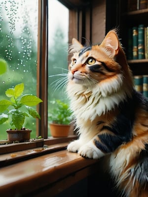 calico cat, looking-out-of-the-window pose, delicate raindrops on windowpane, soft watercolour style, cozy warm-home interior, muted pastel palette, cat's curious expression, gentle natural light, blurred background, John Singer Sargent, Beatrix Potter inspired, few books on windowsill, ceramic cat figurine, lush greenery outside rainy window, subtle watercolour texture, warm-toned wooden window frame