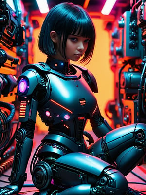 extreme close-up, hyper-detailed, female android with bob cut, seated on floor, tech labor, side view, body open, intricate cables and wires, exposed mechanical body parts, neon lights, moody atmosphere, Masamune Shirow, Katsuhiro Otomo, Blade Runner, Ghost in the Shell inspired, 1980s retro-futuristic aesthetic, Japan, centered composition, vibrant neon colors, metallic sheen, gradient lighting, industrial setting, machinery, tools scattered around