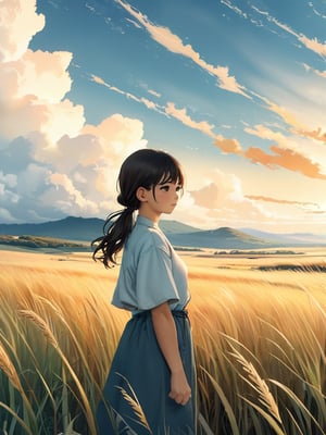 serene Japanese girl with contemplative gaze, soft watercolor and digital painting style, vast grassy field with tall swaying grass, luminous cloudy sky, warm color palette, subtle color grading, ethereal light, rolling hills, romantic retro-futuristic Windows XP and Vista elements, official art inspired by Makoto Shinkai, featured on Pixiv, gentle lens flares, subtle texture, dreamy expression, cloudy horizon, minimalistic composition