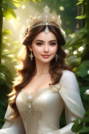 A majestic portrait of a serene queen, bathed in warm golden light, with intricate details on her flawless face. Her porcelain skin glows, accentuating the definition of every facial feature, as she sits regally amidst lush greenery, wearing a delicate crown and flowing white gown.