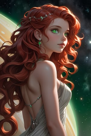 A captivating scene! Here's a prompt: A young white girl with vibrant, wavy red hair cascading down her back poses elegantly against a breathtaking celestial backdrop. Her piercing gray eyes seem to gaze directly at Saturn, its rings gleaming like diamonds against a deep shade of green sky. The atmosphere is serene, with a subtle glow illuminating the subject's features.