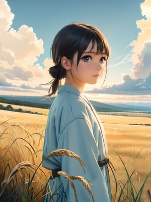 serene Japanese girl with contemplative gaze, soft watercolor and digital painting style, vast grassy field with tall swaying grass, luminous cloudy sky, warm color palette, subtle color grading, ethereal light, rolling hills, romantic retro-futuristic Windows XP and Vista elements, official art inspired by Makoto Shinkai, featured on Pixiv, gentle lens flares, subtle texture, dreamy expression, cloudy horizon, minimalistic composition