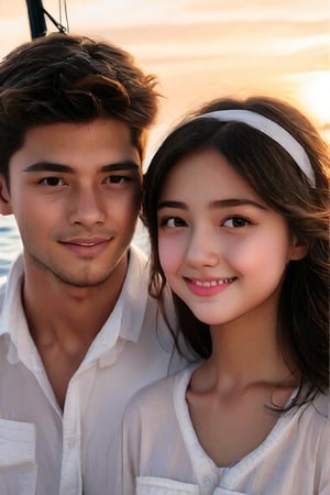 A young couple stands together on a small sailboat, gazing out at the breathtaking sunset over the water. The girl, with long brown hair and a blush on her cheeks, wears a white shirt with a hairband holding back her bangs. She's looking at the boy, who sports a charming stubble and has his eyes fixed intently on hers. His brown eyes sparkle as he smiles, his parted lips inviting hers to meet in a tender kiss. The boy's short black hair is messy, framing his freckled face. The couple's profile is sharp against the blurry background of the watercraft, lost in thought as they take in the serene atmosphere.