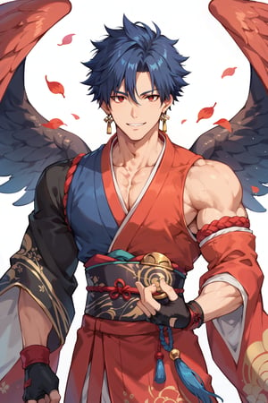 score_9, score_8_up, score_7_up, solo, eye contact, smile, short hair, red eyes, gloves, 1 boy, accessories, blue hair, male center, earrings, kimono, wings, fingerless gloves, pectoral muscles