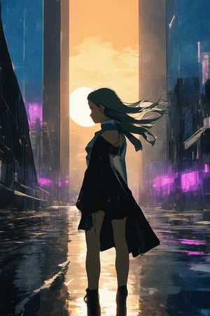 A futuristic cityscape at sunset with sleek skyscrapers and neon lights reflecting off wet pavement. A stylish anime heroine stands confidently in the foreground, her long hair blowing in the gentle breeze as she gazes out at a vibrant cityscape. Her striking features are illuminated by a warm golden light, while a subtle gradient of blues and purples hues the background. The atmosphere is energetic and adventurous.