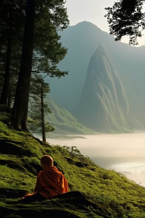 A serene Mandana Koka landscape with a warm golden light casting long shadows across the misty mountains. A lone figure of a monk is seen meditating at the edge of a tranquil lake, surrounded by lush greenery and towering trees. The camera frames the scene from a low angle, looking up towards the misty peaks, emphasizing the sense of calm and connection with nature.