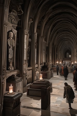 A dimly lit, grand hall with intricate stone carvings on walls and floor. Ancient artifacts and relics adorn shelves and pedestals, illuminated by soft candlelight. A mystical atmosphere pervades as the air is thick with the scent of old parchment and dusty tomes. Visitors wander, eyes wide with wonder, amidst exhibits showcasing mysterious ancient civilizations.