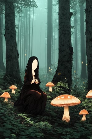 A dreamlike scene: A figure with elongated limbs and featureless face sits in a lush forest, surrounded by towering trees with glowing mushroom caps. The air is thick with misty fog, illuminated only by the soft glow of luminescent fireflies. The subject's pose exudes serenity, hands clasped together in contemplation.