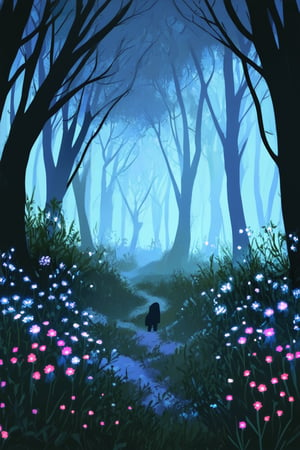 A whimsical illustration of a mystical forest at twilight, where ancient trees with glowing ink markings stretch towards the darkening sky. A lone figure, shrouded in shadows, kneels amidst the underbrush, surrounded by wispy tendrils of mist and vibrant wildflowers, illuminated by the soft, ethereal glow of bioluminescent fungi.