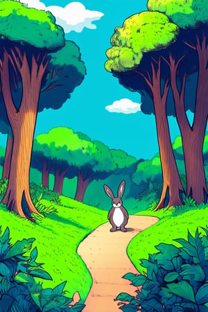 Vibrant cartoon illustration of a whimsical forest scene: towering trees with rounded trunks and leafy canopies, a bright blue sky with puffy white clouds, and a winding path leading to a hidden clearing. A curious rabbit, its ears perked up and whiskers twitching, stands at the center of the frame, surrounded by lush greenery.