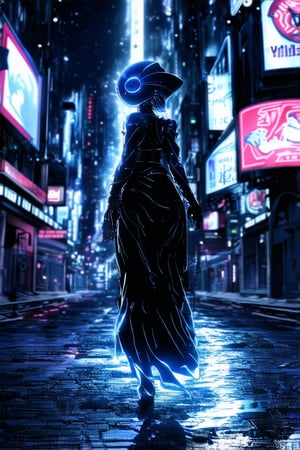 In a darkened alleyway's neon haze, a silhouette of a futuristic warrior stands tall. Glowing blue circuits tracing her synthetic skin, she gazes out at a dystopian cityscape. Flickering LED billboards and holographic advertisements dance in the background, casting an otherworldly glow on the wet asphalt pavement.