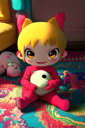 A chibi character sitting on a colorful rug in a cozy room with soft toys scattered around. The tiny hero is holding a giant stuffed animal and smiling brightly, surrounded by warm golden light with subtle shadows. Framed tightly to emphasize the cuteness, the subject's oversized eyes and tiny nose capture the audience's attention.