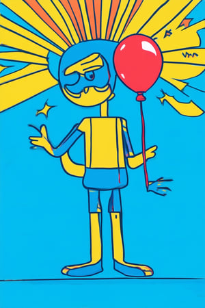 A whimsical illustration of a cartoon character standing on a bright blue background with yellow and orange sunbeams radiating from behind. The character's facial expression is cheerful, and they're holding a red balloon in their hand. The flat 2D design features bold lines, vibrant colors, and playful textures.