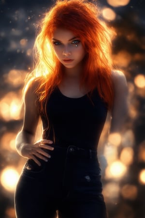 A portrait of a young woman with piercing green eyes and fiery red hair, set against a darkened cityscape at dusk. She stands confidently, one hand on her hip, the other grasping a microphone as if ready to unleash a passionate speech. The camera captures her from the waist up, with a shallow depth of field emphasizing her determined expression. Soft lighting illuminates her features, contrasting with the moody urban backdrop.