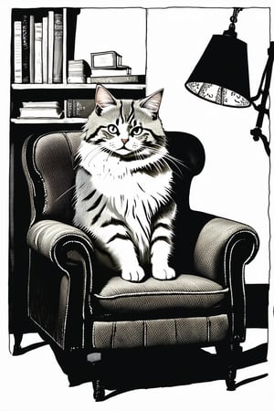 A whimsical ink illustration depicting a curious cat sitting on a worn leather armchair, surrounded by vintage books and scrolls in a dimly lit, cozy study. Soft, warm light spills from the nearby lamp, casting intricate shadows across the walls as the cat's whiskers twitch with excitement.