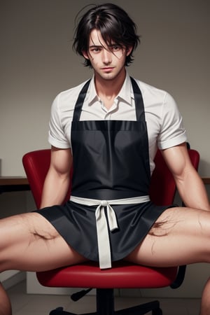 male focus, 1male, wearing apron, sitting on chair, spreading legs wide open, black messy hair, shiny skin, sweating