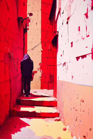 A dimly lit alleyway at dusk, city sounds muffled by worn brick walls. A lone figure, hood up, steps into frame, mysterious persona shrouded in shadows. Graffiti-clad walls reflect the chaos of urban life as Banksy's artwork comes to life: stencil-like silhouettes blend with reality, secrets whispered on crumbling concrete.