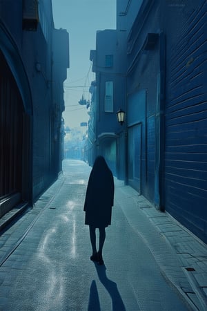 A photograph of a mysterious, dimly lit alleyway at dusk, with walls painted a deep, foreboding dark blue. The only light comes from a distant streetlamp casting long shadows across the pavement. A lone figure stands in the center, shrouded in darkness, their features obscured by the intense realism and muted color palette.