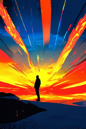 Vibrant sunset landscape with a burst of electric blue hue dominating the sky, as fiery oranges and yellows blaze across the horizon. A lone figure stands at the edge, silhouetted against the intense color palette, their pose dramatic and statuesque.