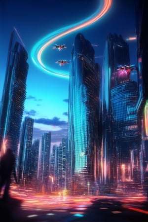 A futuristic cityscape at dusk: towering skyscrapers with sleek metallic exteriors reflect the vibrant hues of a neon-lit sky, while hovering drones and flying cars zip by in a swirl of blue light. A lone figure stands atop a skyscraper, backlit by a bright glow, gazing out into the distance.