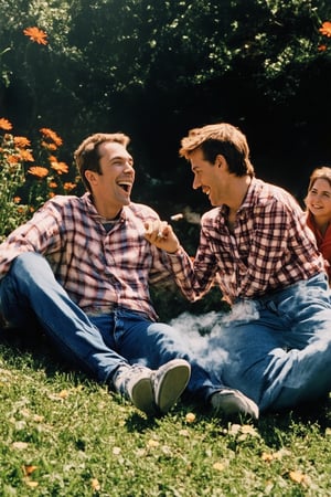 A nostalgic snapshot from a bygone era: A group of friends lounging in a sun-drenched backyard on a warm summer afternoon, circa 1995. Flannel shirts and high-waisted jeans abound as they laugh and chat amidst a haze of cigarette smoke and the distant hum of alternative rock. The camera captures their carefree vibes, with a mix of relaxed poses and candid moments, set against a backdrop of overgrown grass and vibrant flowers.