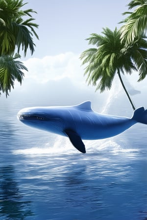 A majestic blue whale breaches the surface of a calm, crystal-clear ocean, its massive body glistening in the warm sunlight. The water's edge is framed by a line of lush green palm trees, their fronds swaying gently in the breeze. A subtle mist rises from the waves, adding to the serene atmosphere.